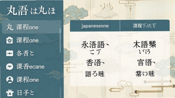日语丸（japaneseone）主界面预览图，左侧为课程列表，右侧显示日语原文与中文翻译对照，背景为浅色和风纹理，整体界面简洁清晰，突出软件名称与文字学习功能