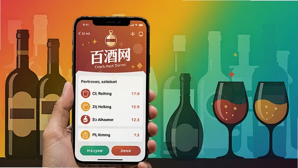 百酒网更新日志示意图，展示手机应用更新界面，背景有酒瓶和酒杯剪影，色彩明亮，突出新版本特性