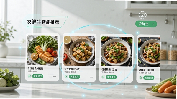 农鲜生智能推荐页面，展示个性化食材搭配与菜谱卡片，背景柔和，界面清晰，突出科技感与便利性