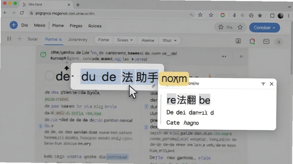 法语助手划词翻译功能演示，鼠标选中法语单词，弹出悬浮窗显示中文释义，背景为网页截图，突出取词便捷性