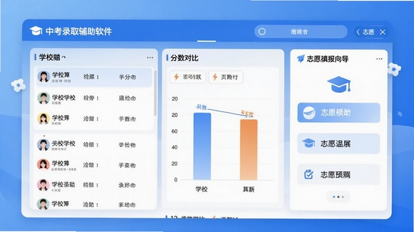 中考录取辅助软件主界面预览图，展示清晰的学校列表、分数对比图表和志愿填报向导，背景为简约的蓝色渐变，整体风格专业且友好