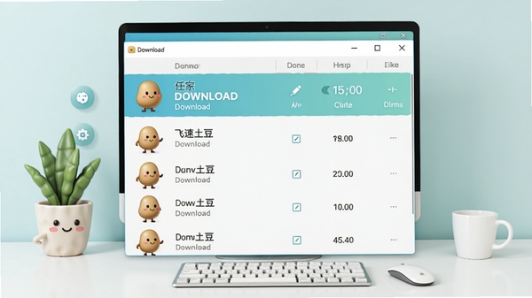 飞速土豆软件主界面预览图,展示简洁的下载任务列表窗口,背景为现代简约风格电脑桌面,图标呈现为土豆造型的卡通形象,整体色调明亮清新