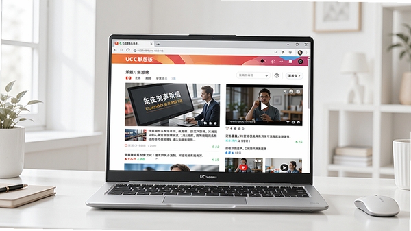 一幅现代简约风格的宽幅电脑桌面场景,画面中央是一台运行着UC浏览器联想版的笔记本电脑,浏览器界面清晰展示着新闻资讯和视频网站页面,背景是干净的工作台与柔和的自然光,整体色调明亮,突显软件流畅与高效的浏览体验,画面细节丰富,适合作为软件介绍首图