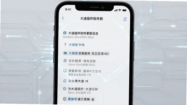 大途组件软件更新日志截图,手机屏幕显示版本更新内容,背景为浅灰色科技感线条,突出文字信息,风格简洁清晰