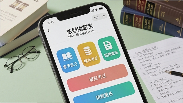 一张手机屏幕截图特写,界面显示法学刷题宝APP的练习模式选择页面,包含章节练习、模拟考试、错题重练等彩色图标按钮,背景是淡绿色的学习桌面,摆放着几本法律书籍和一张写满笔记的纸,画面色彩柔和,突出功能的丰富性。