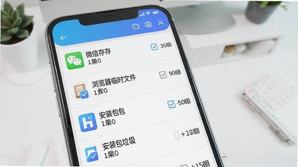 奇彩手机管家垃圾清理功能预览，手机屏幕显示扫描出的缓存垃圾列表，包含微信缓存、浏览器临时文件、安装包等条目，每个条目前有勾选框和大小标识，背景为干净整洁的桌面，软件名称“奇彩手机管家”以水印形式出现在角落