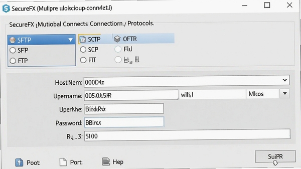 SecureFX多协议连接配置界面，显示SFTP、SCP、FTP等协议选项，以及主机名、端口、用户名、密码等输入框，界面清晰明了
