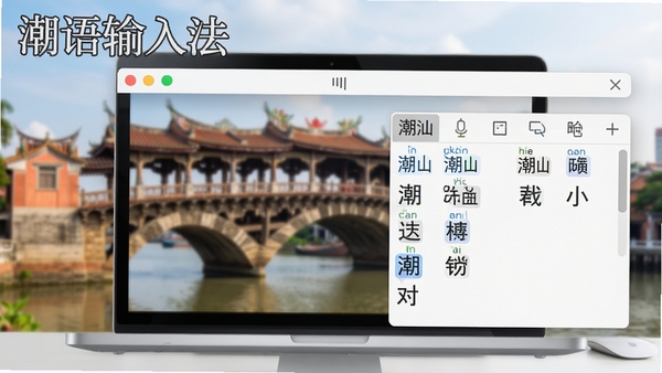 潮语输入法主界面展示，简洁的输入法状态栏，悬浮于现代办公电脑桌面之上，背景为模糊的潮汕特色建筑（如广济桥）照片，前景是清晰的输入法候选词窗口，显示潮汕话拼音与汉字候选，整体风格清新明亮，软件名称“潮语输入法”醒目地位于界面左上角，画面干净无杂物