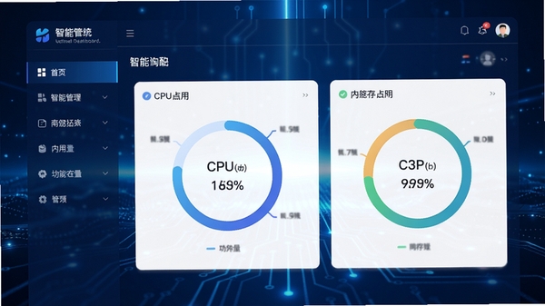 一张美酷智能管理系统的电脑软件界面主视觉图，展示其简洁大气的仪表盘风格，背景为深蓝色科技感光效，界面中央显示CPU与内存的实时占用率环形图表，左侧有功能导航栏，整体风格现代且专业