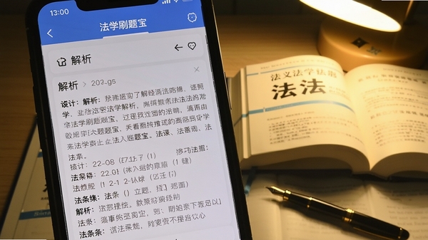 一张手机屏幕特写,屏幕中显示法学刷题宝APP的题目解析页面,页面下方有详细的文字解析和法条引用,背景是暖黄色的灯光下的书桌,一本翻开的法典和一支钢笔放在旁边,画面温馨,突出学习的专注感。