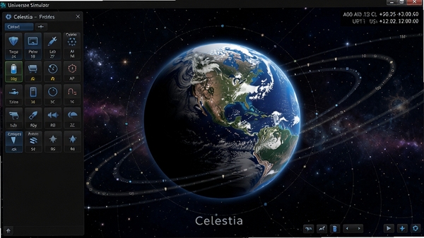 Celestia（鸟瞰地球）主界面预览图，画面中央是地球，周围环绕着星空背景，左侧有控制面板，右上角显示坐标信息，整体风格写实，色彩深邃，突出软件的宇宙模拟功能。