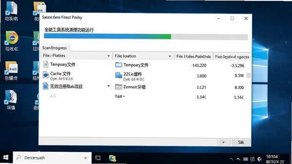 全能工具系统清理功能运行截图,软件界面显示扫描进度条与已发现的垃圾文件分类列表,包括临时文件、缓存文件与无效注册表项,文件大小数据清晰可见,背景为简洁的电脑桌面环境
