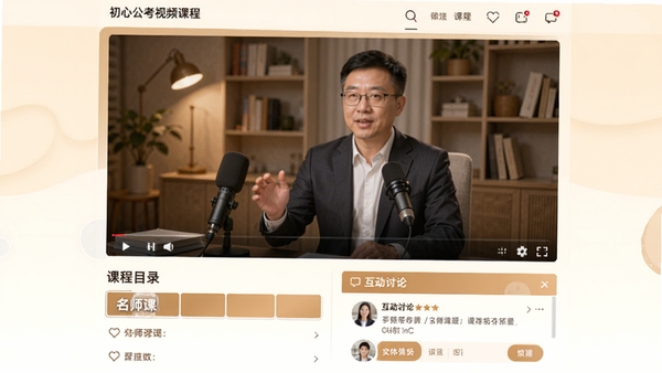 初心公考视频课程页面,播放窗口显示名师授课画面,下方有课程目录和互动讨论区,整体色调温馨,体现专业教学场景