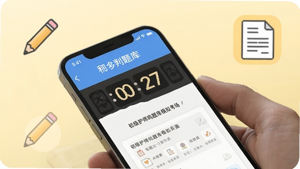 初级护师鸣题库模拟考场界面，手机屏幕显示倒计时和答题卡，背景为淡黄色，有铅笔和试卷图标，风格写实，光线柔和，适合教育类应用展示