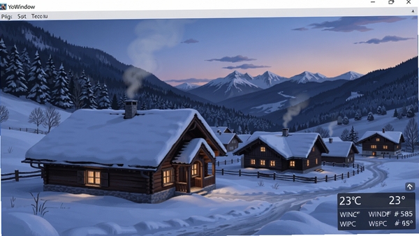 YoWindow软件主界面全貌，展示雪景覆盖的乡村小屋动态壁纸，右下角有温度与风力数据面板，背景为暮色中的山脉，整体画面宁静而逼真，数字艺术风格，高细节渲染