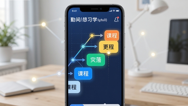 勤学App智能学习路径规划功能预览，手机界面展示从入门到精通的阶梯式课程节点，背景有连接线和高亮当前任务，色彩明亮清晰，体现个性化学习流程