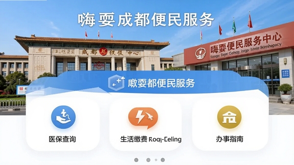 嗨耍成都便民服务界面，显示医保查询、生活缴费、办事指南等图标，背景为成都市政府大楼与便民服务中心，界面简洁明确，突出便捷实用主题。