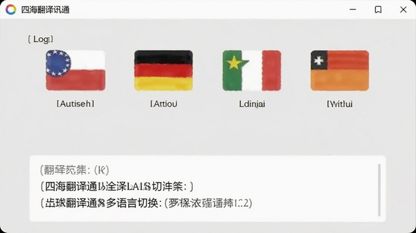 生成一张展示四海翻译通多语言切换界面的图片,屏幕上排列着各国国旗图标和对应语言名称,下方是翻译结果展示区,背景为浅灰色,整体风格简约清晰,强调软件支持全球多种语言互译的特点。