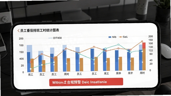 番茄排班工时统计图表，手机界面展示柱状图和折线图，显示员工周工时对比，底部有合规预警红色标识，背景为深色办公桌面，数据感强，强调精准与专业