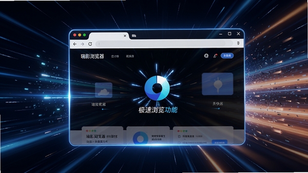 瑞影浏览器极速浏览功能示意图,画面以抽象的速度线条和光效为背景,中央是一个放大的浏览器窗口,窗口内页面元素瞬间加载完成,整体风格动感且富有科技感,强调其快速的性能特点