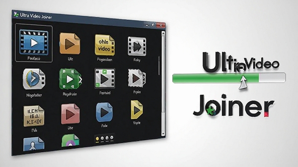 Ultra Video Joiner软件功能展示图，界面左侧显示多种视频格式图标，右侧为合并进度条，背景为浅灰色渐变，画面简洁专业，突出软件名称Ultra Video Joiner，产品展示角度，高清渲染