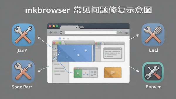 mkbrowser常见问题修复示意图,画面中央显示一个浏览器窗口,旁边有修复工具图标,背景为灰色调,风格简洁,突出解决方案