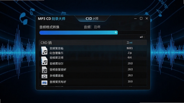 MP3 CD 刻录大师软件功能展示图，画面中央显示音频格式转换的进度条与文件信息列表，背景融入音乐波形图元素，色彩以蓝黑为主，科技感十足，体现软件处理多格式音频的流畅与专业