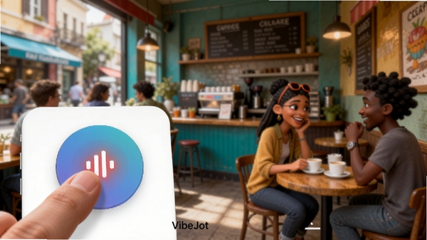Close-up of a finger tapping a large, colorful voice record button on the VibeJot app interface, bottom left composition, background is a lively street cafe scene, dynamic and energetic atmosphere, app interface details are sharp and clear, Boogu model style