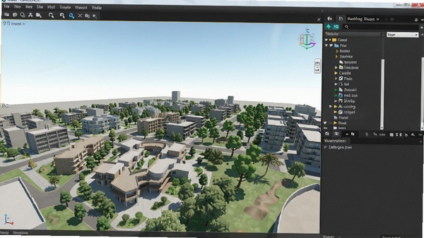 3D MAX宽敞的场景视口，展示大量建筑模型与植被分布，场景资源管理器面板开启，展示层级结构，整体色调明亮，体现高效大型场景管理能力