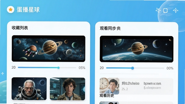 蛋播星球我的页面预览，展示收藏列表和观看历史，界面采用卡片式设计，包含影片缩略图与进度条，背景为清新蓝色渐变，强调个性化管理与跨设备同步功能