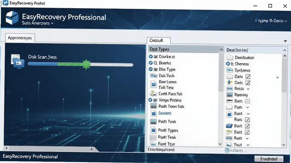 EasyRecovery Professional 数据恢复软件主界面截图，展示磁盘扫描进度条与文件类型筛选列表，背景为深蓝色科技感风格，画面清晰明亮，突出软件专业性与易用性