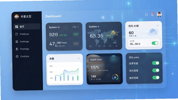 木星太豆主界面预览图,展示其简洁的仪表盘布局,左侧功能导航栏清晰可见,右侧内容区域呈现系统状态卡片与优化选项开关,背景为柔和的科技蓝渐变色调,整体风格现代且富有质感
