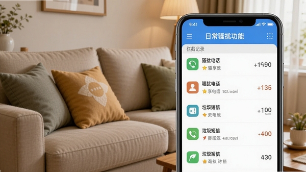 联享守护骚扰拦截功能界面，手机屏幕显示拦截记录列表，包括骚扰电话和垃圾短信，背景为家庭客厅场景，沙发上放着抱枕，画面温馨，突出日常防护的应用场景。