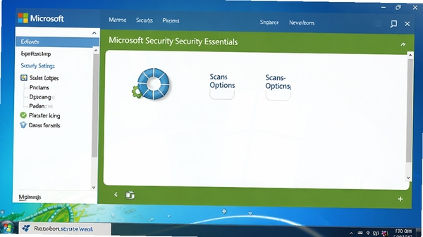 微软官方安全软件Microsoft Security Essentials主界面，简洁的绿色和蓝色调，左侧导航栏，右侧扫描选项，背景为干净的Windows桌面，整体风格清爽专业