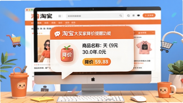 淘宝大买家降价提醒功能示意图，电脑桌面弹出降价通知气泡，显示商品名称和降价金额，背景为购物网站页面，画面生动形象