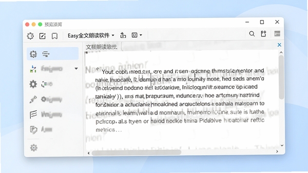 Easy全文朗读软件主界面预览图，展示其简洁的工具栏和正在朗读的文本窗口，背景为柔和的浅蓝色调，整体风格现代且清晰，适合作为软件介绍的首图