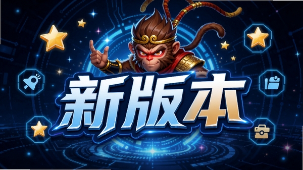 AI悟空机器人更新日志宣传图,背景为科技感蓝色调,中央有悟空形象和“新版本”字样,周围有星星和图标点缀。