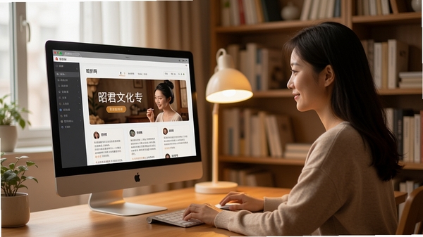 昭君网客户端使用场景图，一位用户正坐在电脑前浏览昭君文化专题，屏幕显示软件界面，背景为书房环境，光线柔和，突出舒适的使用体验