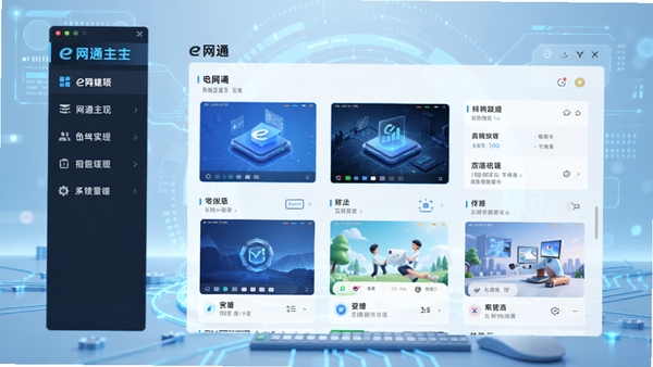 e网通主界面全貌预览图,左侧功能导航栏,右侧内容展示区,背景为淡蓝色科技感桌面,整体风格简洁明快