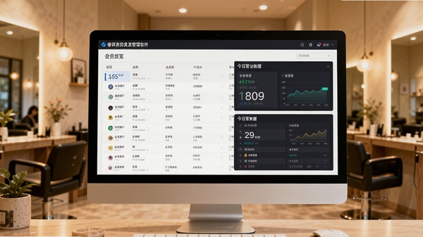 睿祺美容美发管理软件主界面预览图,展示会员列表与今日营业数据看板,背景为整洁的美发沙龙内景,暖色调灯光,软件界面清晰显示在电脑屏幕上,整体氛围专业且温馨