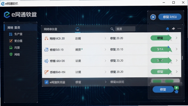 e网通软件截图,展示网络诊断功能界面,背景为深色科技风格,突出诊断结果列表和修复按钮