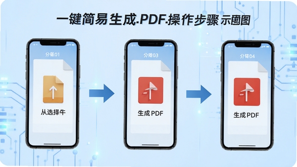 一键简易生成PDF操作步骤示意图,展示从选择文件到生成PDF的完整流程,手机界面分步演示,箭头指示操作顺序,背景为淡蓝色科技感风格,突出软件名称