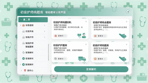 初级护师鸣题库智能题库分层界面，左侧显示章节列表，右侧为题目卡片，底部有答案解析按钮，背景为浅绿色医疗图标装饰，界面清晰，现代扁平化设计