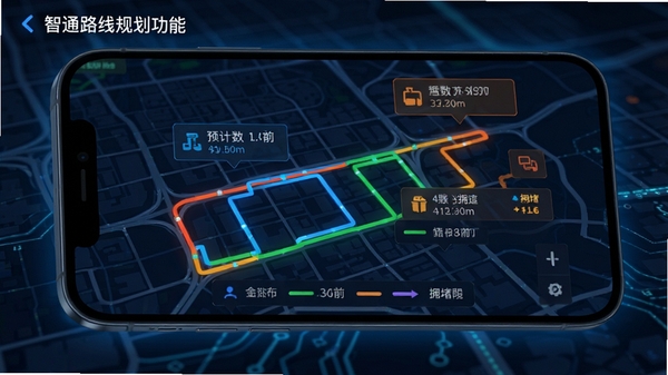 智通路线规划功能截图，手机屏幕显示多条彩色路线对比，标注预计到达时间与拥堵程度，背景为城市地图网格，界面科技感十足