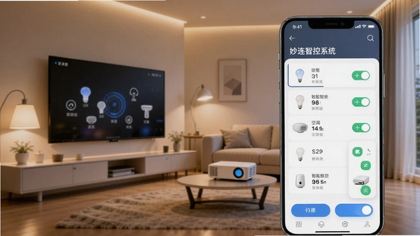 妙连智控系统主界面截图，展示手机连接智能灯泡、空调、投影仪等设备的控制面板，背景为现代简约客厅，暖色调灯光，画面清晰，UI设计简洁，突出设备列表与快捷开关按钮，整体风格科技感与生活感融合，竖版构图适配手机屏幕