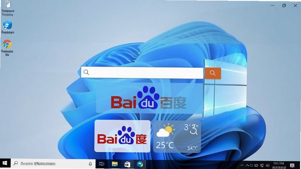 桌面百度主界面全景预览图，画面中央为简洁的桌面搜索框，背景是干净的Windows系统桌面，搜索框下方展示有百度logo和天气小组件，整体风格简洁明亮，科技感十足