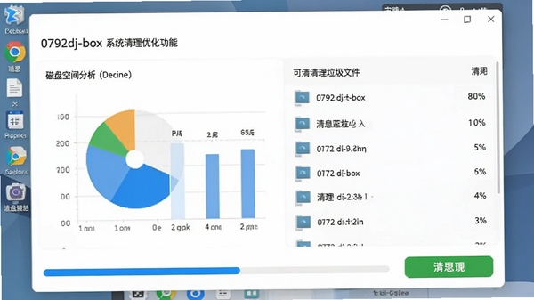 0792dj-box 系统清理优化功能界面，展示磁盘空间分析图表与可清理垃圾文件列表，界面设计有蓝色进度条和绿色清理按钮，背景是半透明的系统桌面，风格简洁现代