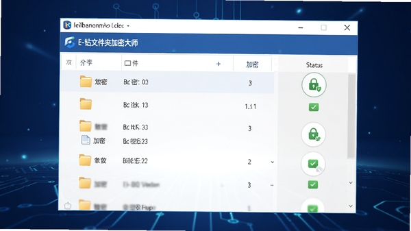 E-钻文件夹加密大师主界面截图,展示软件Logo、文件夹列表与加密状态图标,背景为简约的深蓝色科技感渐变,突出安全、可靠的产品气质