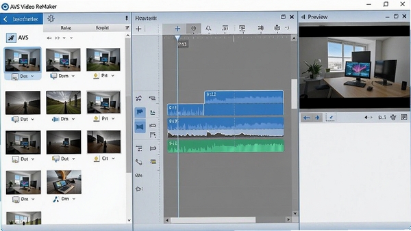 AVS Video ReMaker主界面截图，左侧素材库，中间时间轴轨道，右侧预览窗口，整体界面布局清晰，蓝白配色，现代简约风格，高清细节