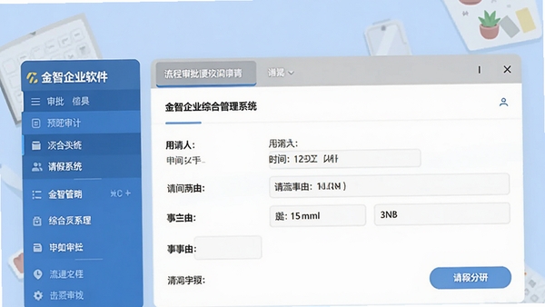 金智企业综合管理系统的流程审批界面预览图，画面左侧显示审批菜单列表，右侧展示一张请假申请单详情，包含申请人、时间、事由字段，背景为淡蓝色工作台，扁平化设计风格，突出软件名称